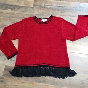 Lisa International Vintage Red Sweater with Black Fringed Hem Large